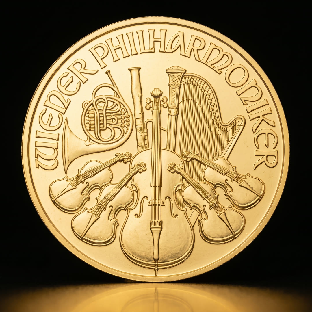 Austrian Philharmonic gold coin, orchestra instruments side, straight on