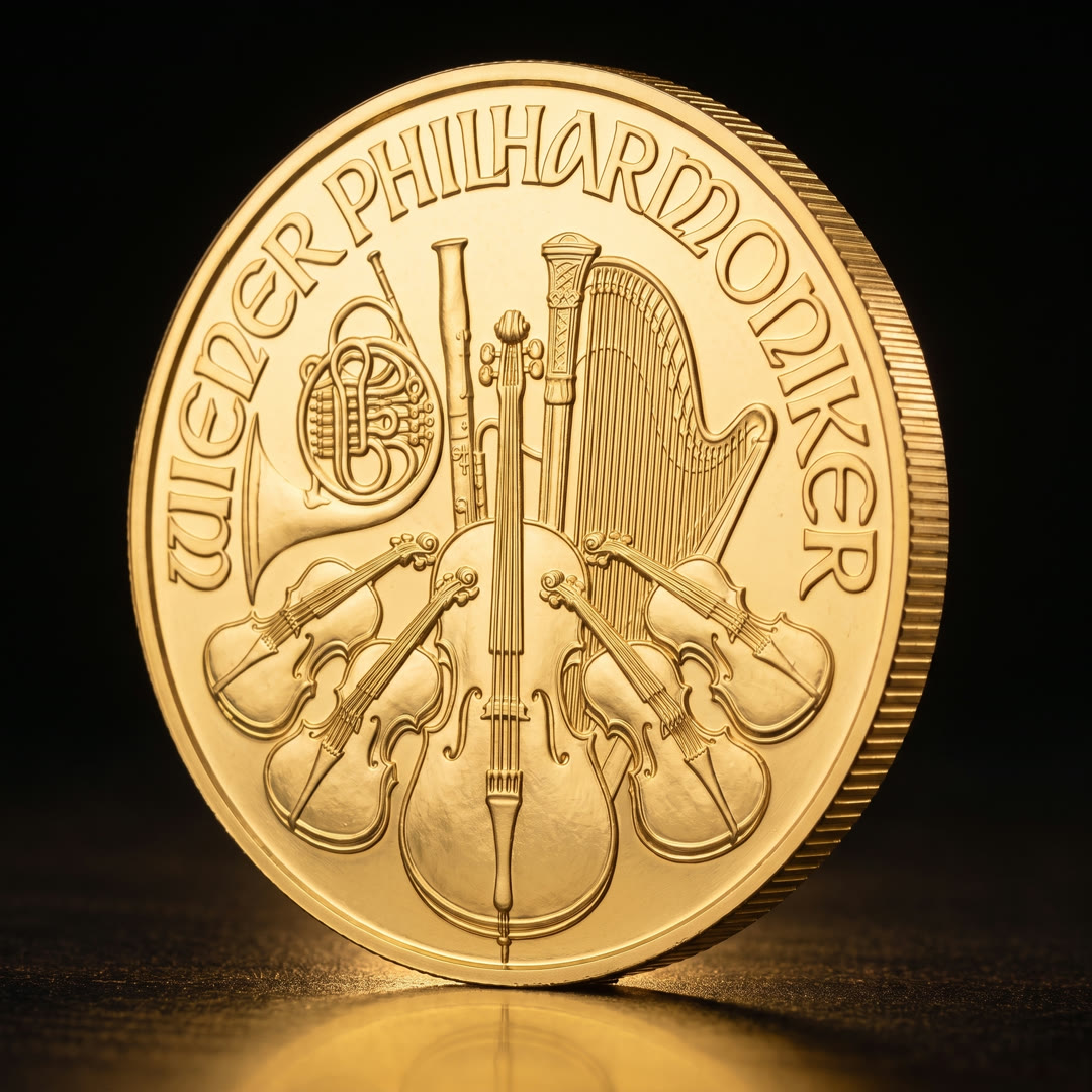 Austrian Philharmonic gold coin, orchestra instruments side, slightly angled