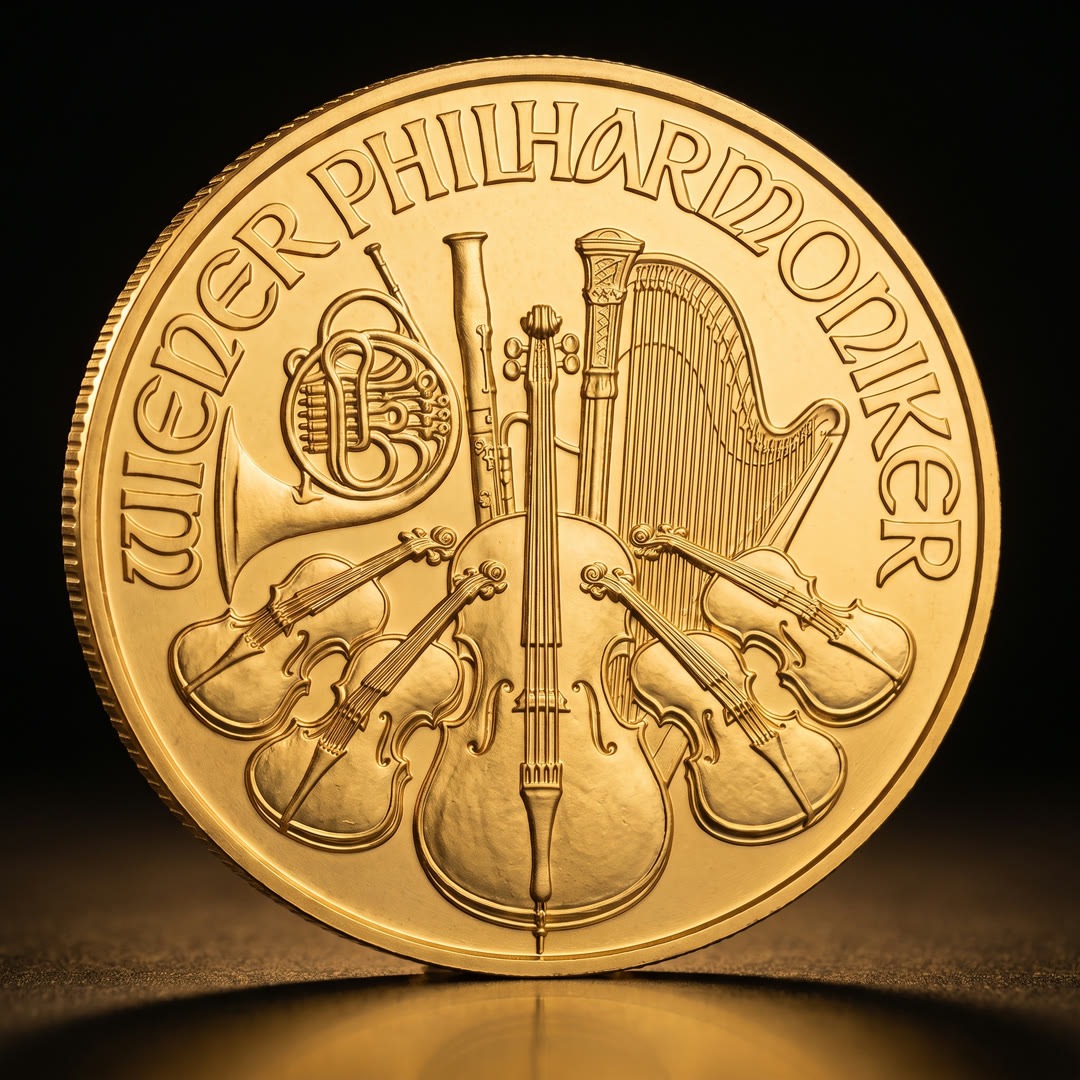 Austrian Philharmonic gold coin, orchestra instruments side, angled to the other side
