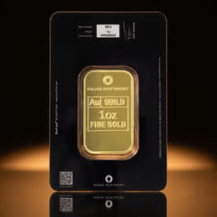 Back of the Rand Refinery black assay card with the back of the 1 oz gold bar, QR code and certificate details