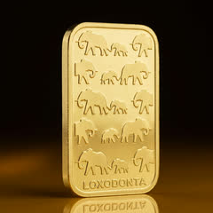 Rand Refinery 1 oz gold bar on its own, elephant side, turned slightly to show its thin edge