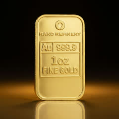 Back of the Rand Refinery 1 oz gold bar on its own, with the Rand Refinery logo and Au 999.9 1oz FINE GOLD