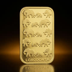 Rand Refinery 1 oz gold bar on its own, front with the herd of elephants, straight on