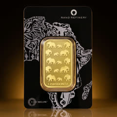 Rand Refinery 1 oz gold bar in its black assay card, front, straight on