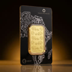 Rand Refinery gold bar in its black assay card, front, turned to a side angle
