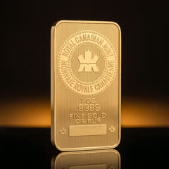 Royal Canadian Mint 1 oz gold bar on its own, front, turned slightly to show its thin edge