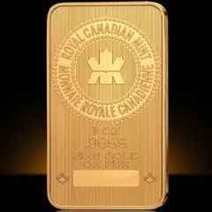 Royal Canadian Mint 1 oz gold bar on its own, front, with the circular Royal Canadian Mint legend, the maple-leaf emblem, 1 oz, .9999, FINE GOLD, OR PUR and a fine line pattern