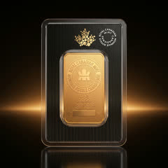 Royal Canadian Mint 1 oz gold bar in its black assay card, front, straight on