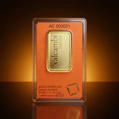 Back of the orange Valcambi assay card with the back of the 1 oz gold bar, serial number and assay certificate details