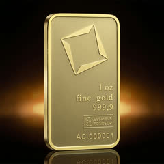 Valcambi 1 oz gold bar on its own, front, turned slightly to show its thin edge