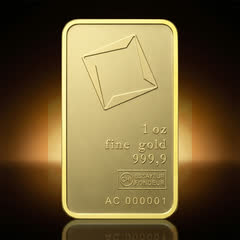 Valcambi 1 oz gold bar on its own, front, straight on