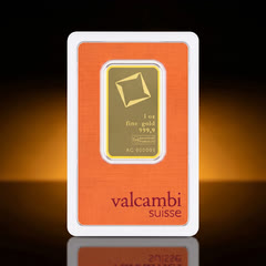 Valcambi 1 oz gold bar in its orange assay card, front, straight on